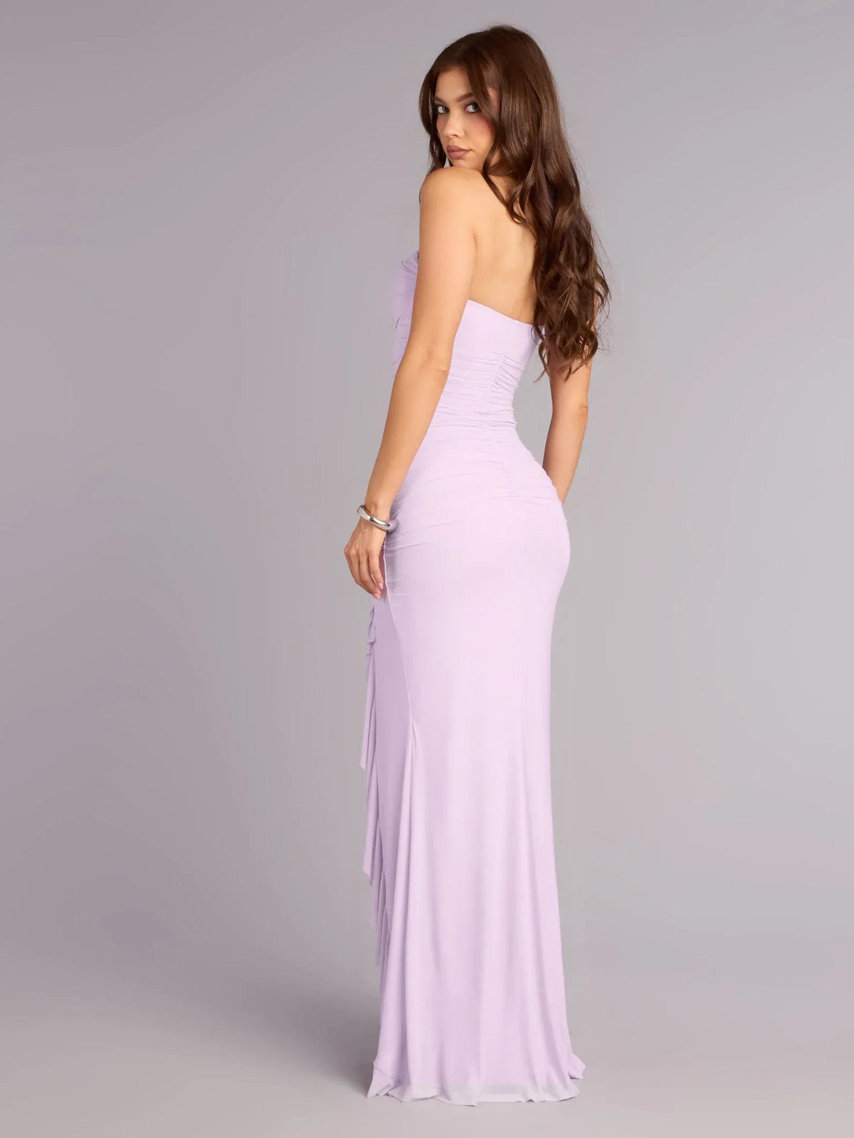 Lavender strapless ruched floor-length formal dress with layered ruffle trim
