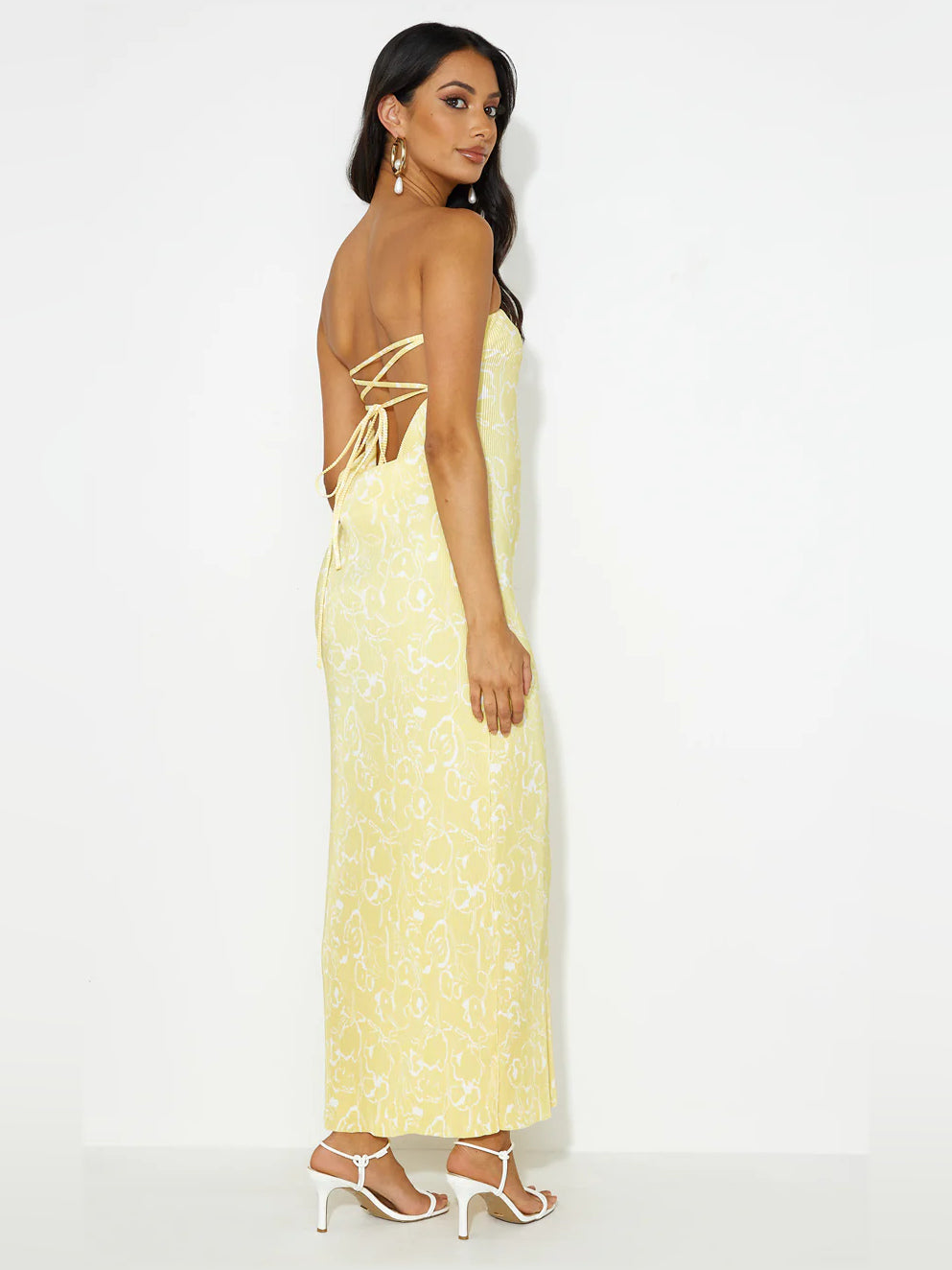 Yellow sheath maxi formal dress with sheath, full-length back view