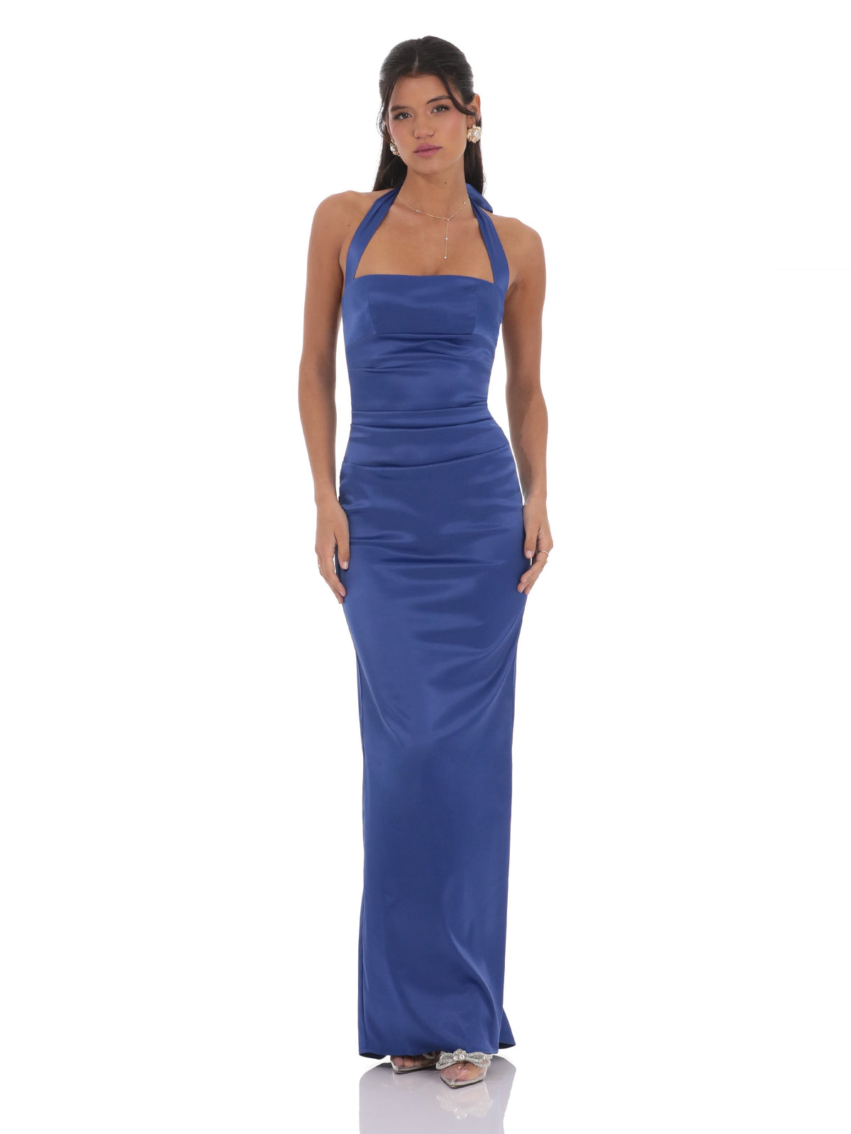 Blue bridesmaid dress with halter neck neckline