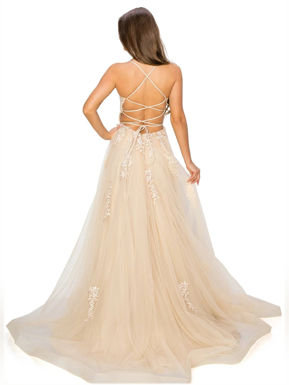 Champagne tulle prom dress, open back with crisscross straps and beaded skirt