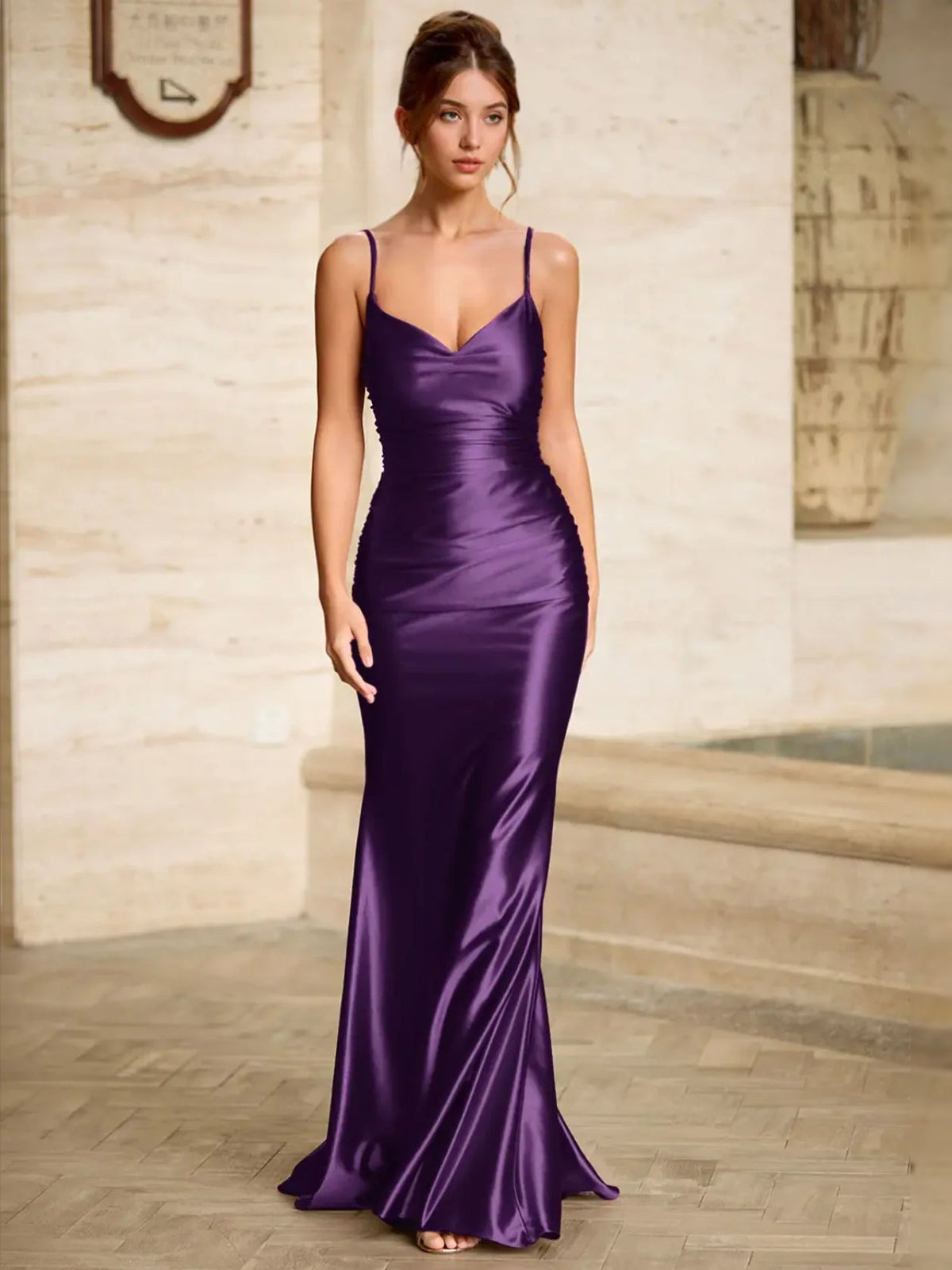 Purple satin mermaid prom dress, spaghetti straps V-neck, fitted floor-length silhouette