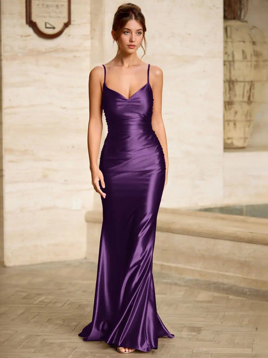 Purple satin mermaid prom dress, spaghetti straps V-neck, fitted floor-length silhouette
