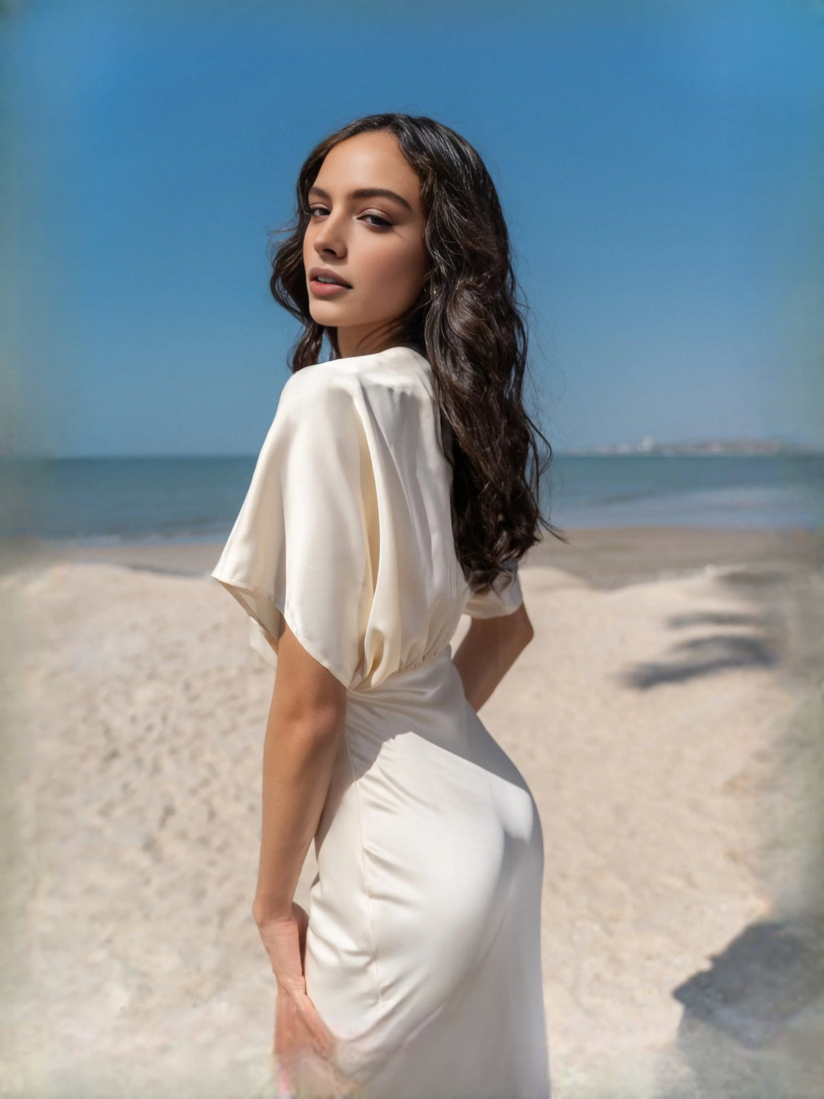 Light satin prom dress, ruched V-neck and mermaid silhouette, side view