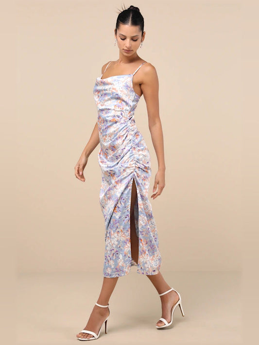Floral midi formal dress with ruching, alternate view