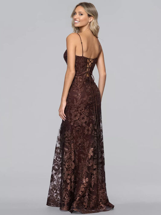 Chocolate sequin evening dress with floral print, open V back and spaghetti straps