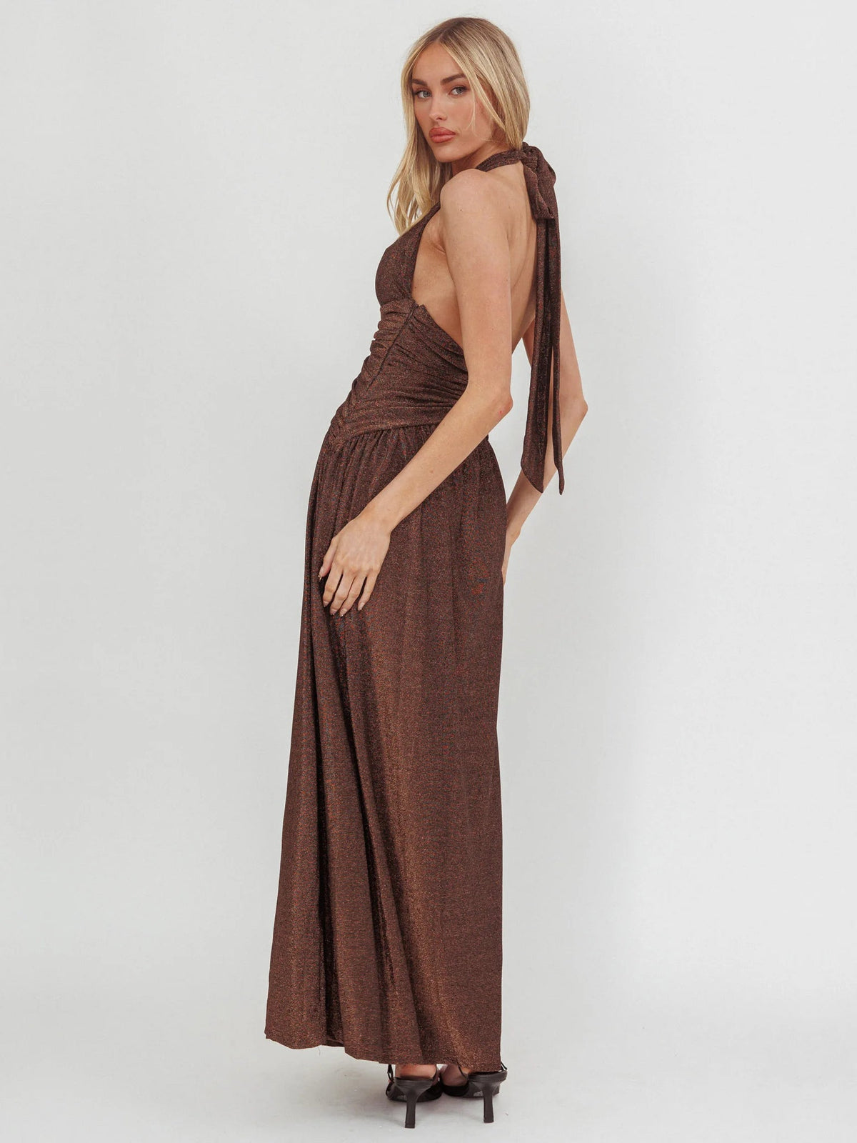 Chocolate a-line maxi formal dress with skirt slit, full-length back view