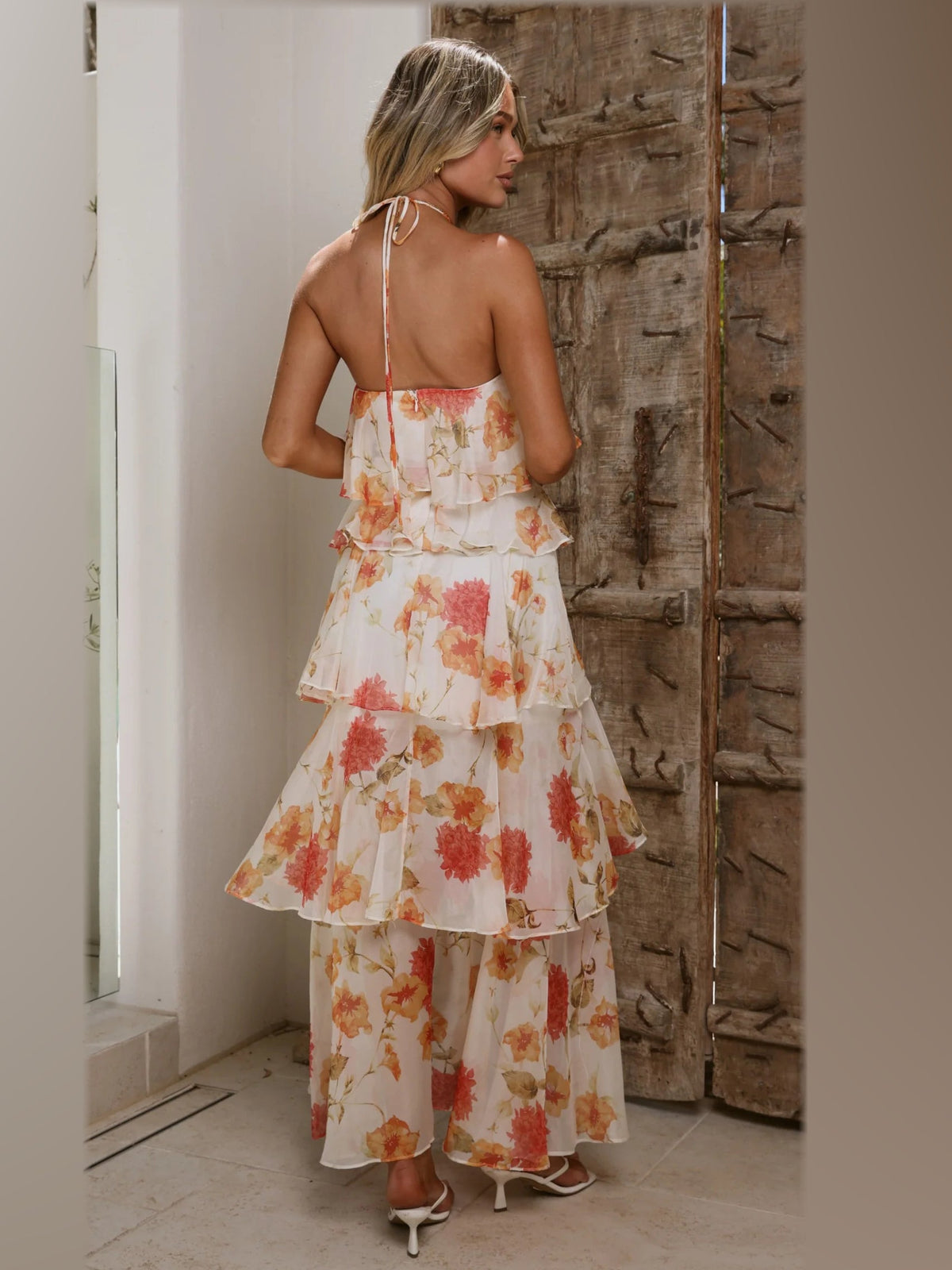 White Orange Floral maxi formal dress, back full-length view showing the bodice