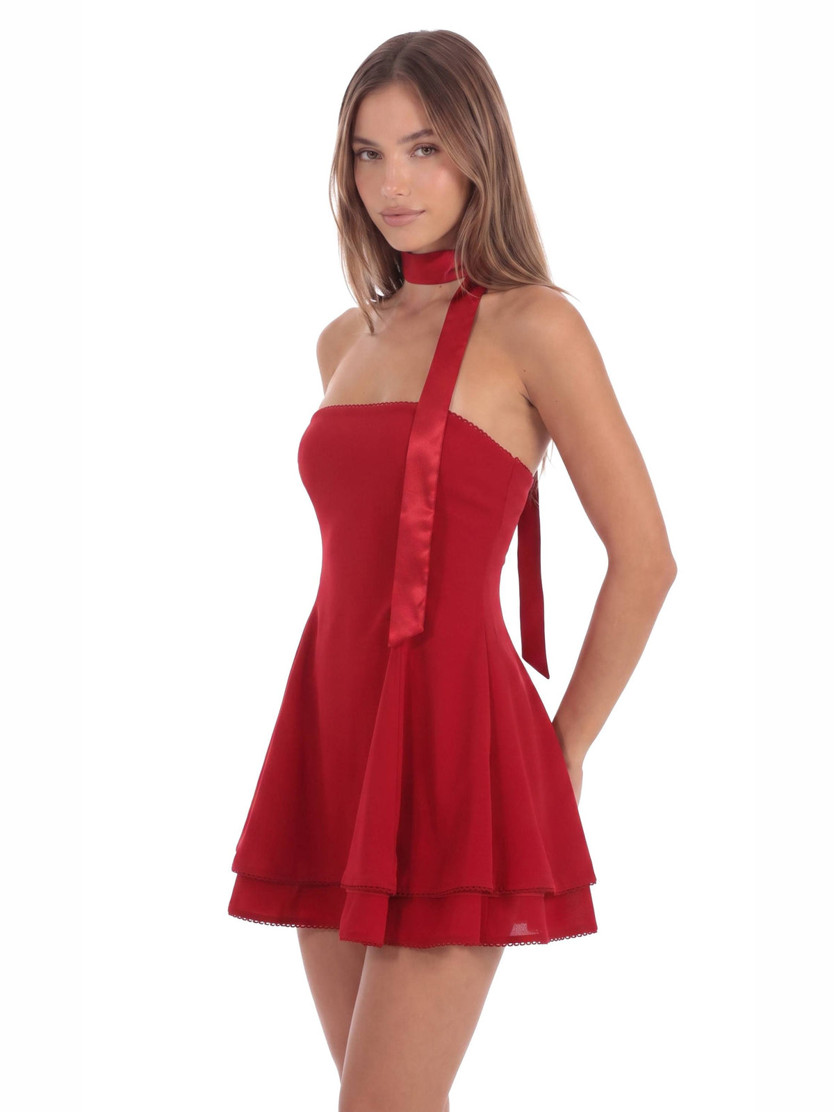 Red homecoming dress with strapless neckline