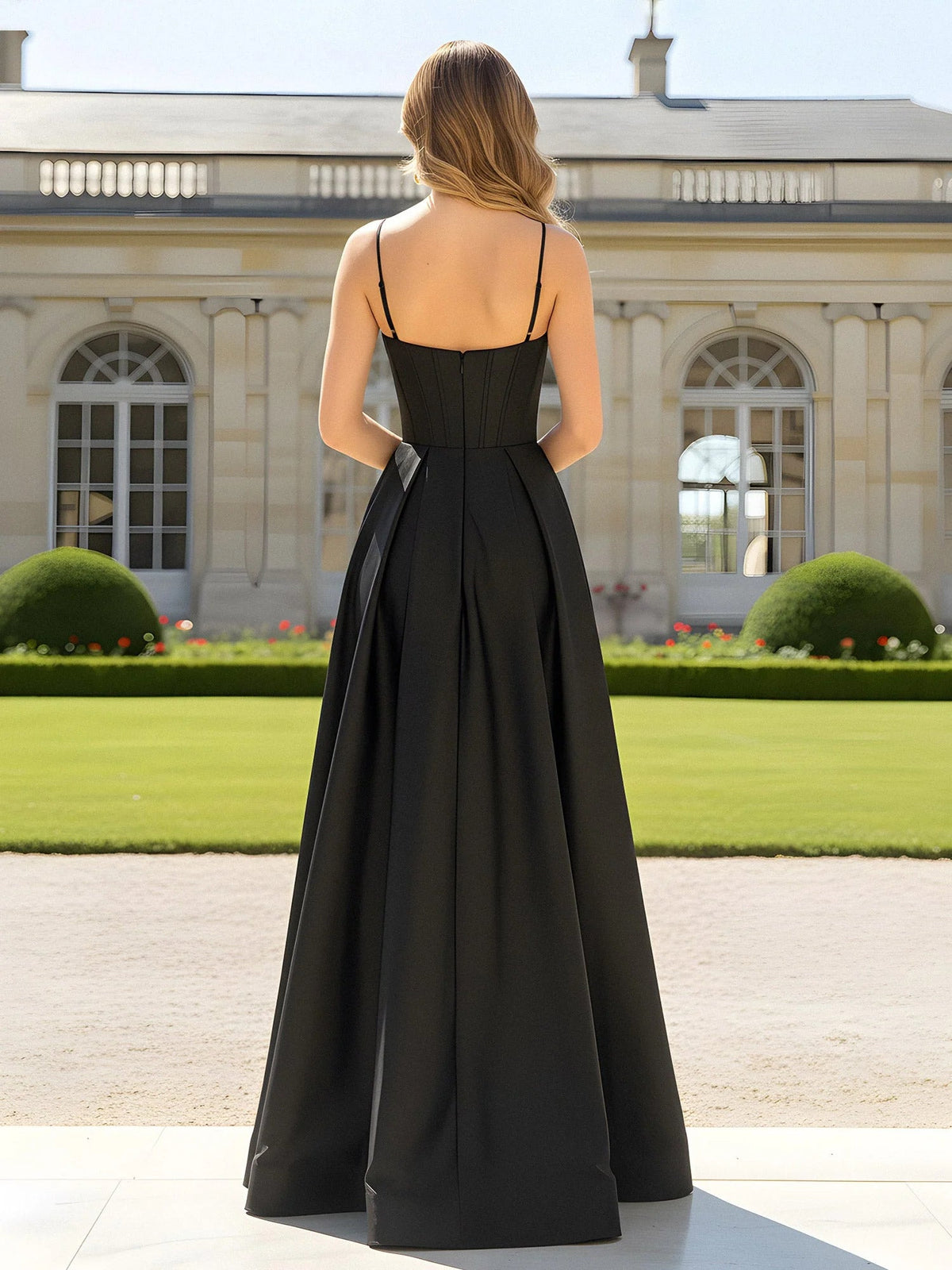 Black A-line satin prom dress, open back with low back straps and side slit