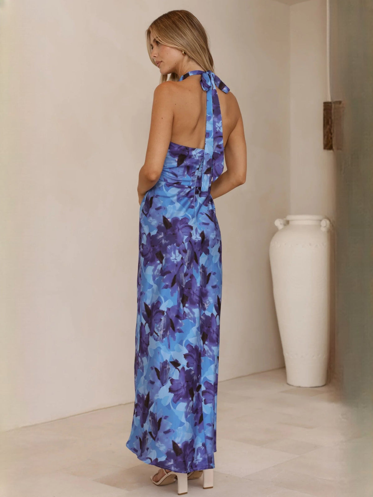 Blue Floral sheath maxi formal dress with floral print, full-length back view