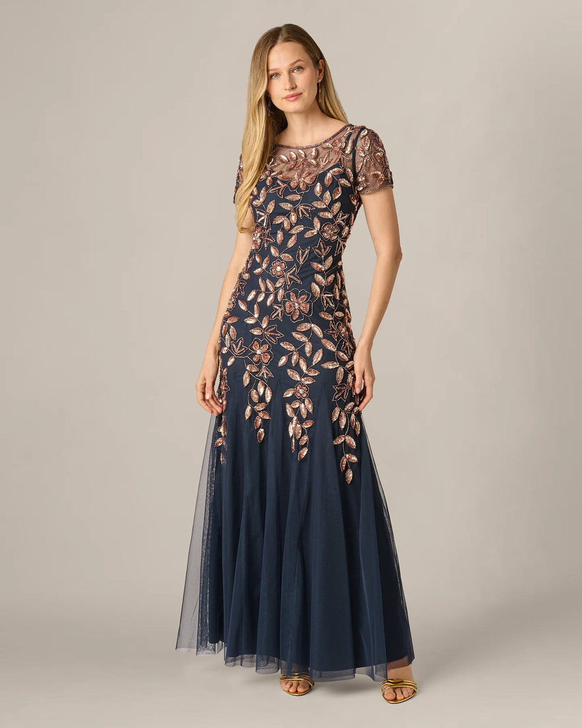 Navy A-line maxi dress, front view, short sleeves with rose-gold floral beading
