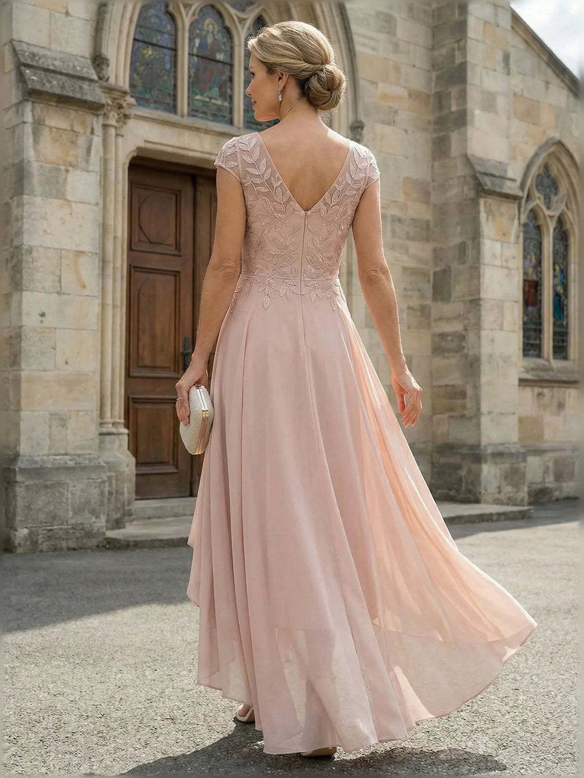 Blush pink chiffon mother-of-bride dress, embroidered V-back, cap sleeves, high-low A-line