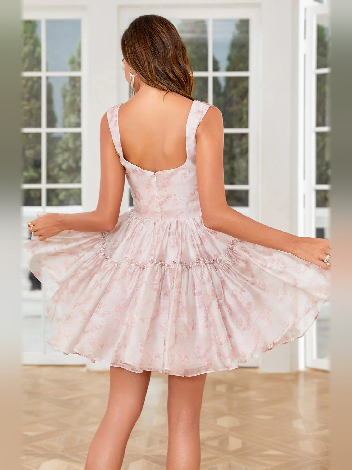 Blush pink floral A-line mini dress with square neck and low back ruffle tiers