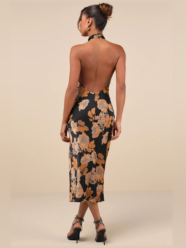 Satin halter midi formal dress, back view, black with gold floral print