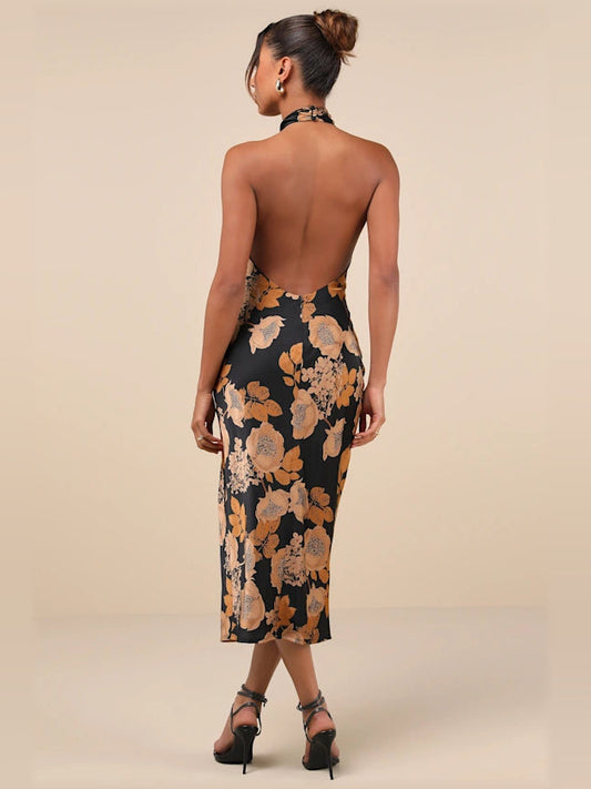Satin halter midi formal dress, back view, black with gold floral print
