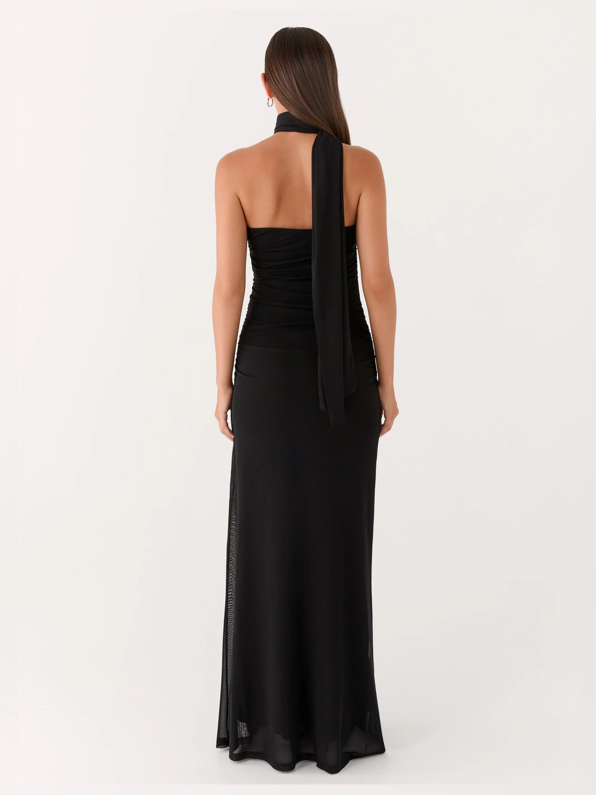 Black sheath maxi formal dress with ruching, full-length back view