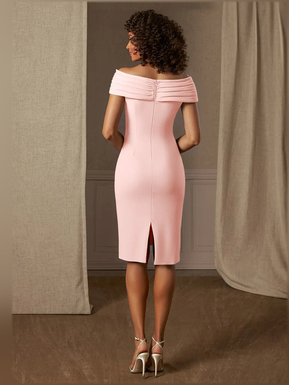 Blush off-shoulder formal dress, ruched pleats with open back detail