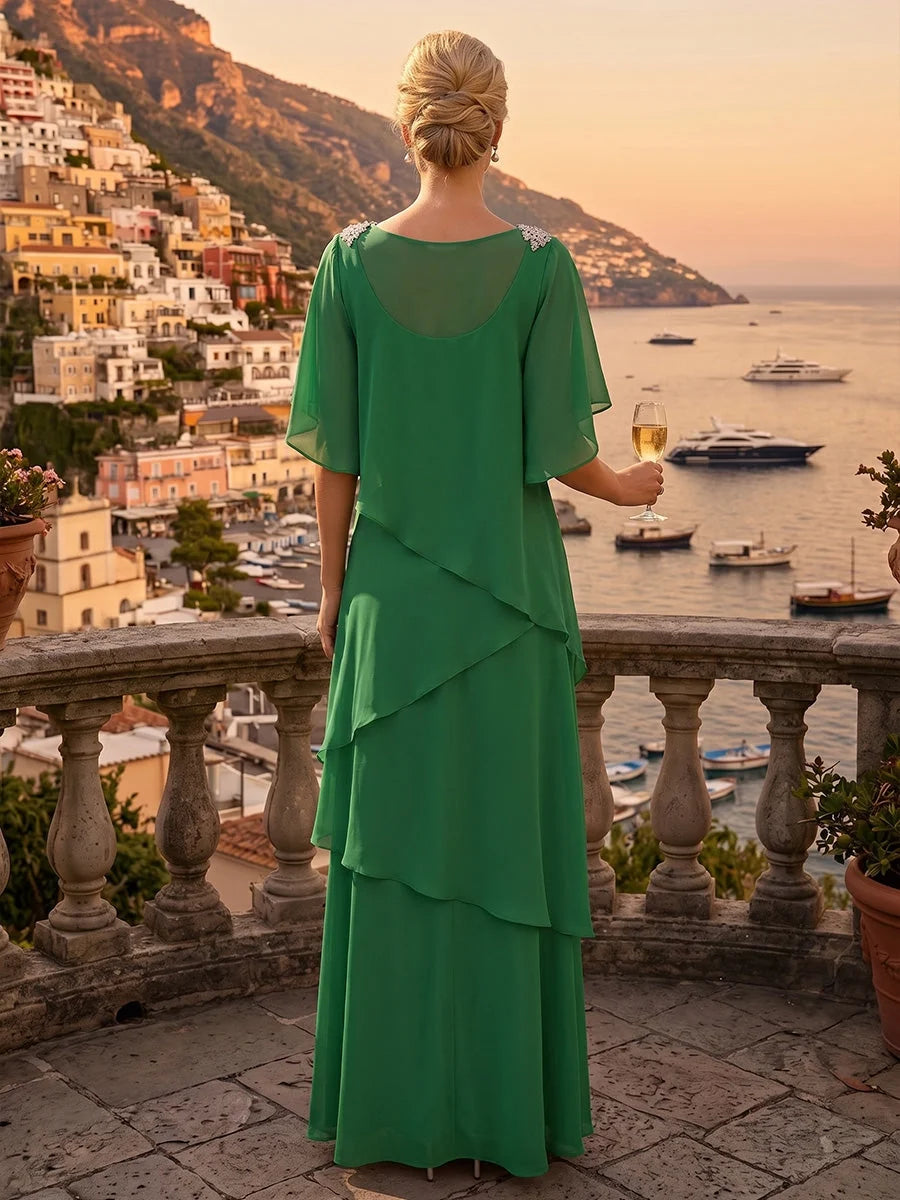 Emerald green chiffon A-line dress, layered ruffle tiers, back drape with short sleeves