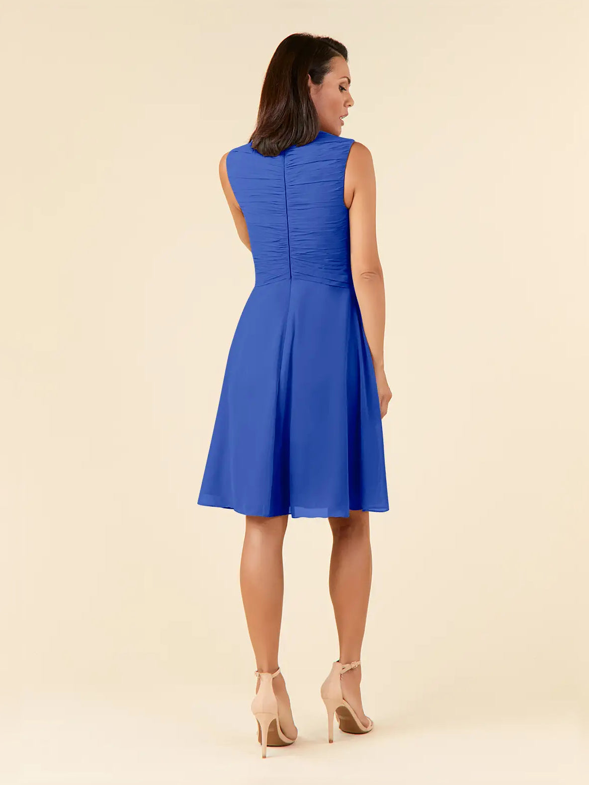 Royal blue sleeveless V-neck chiffon A-line dress with ruched waist, knee length