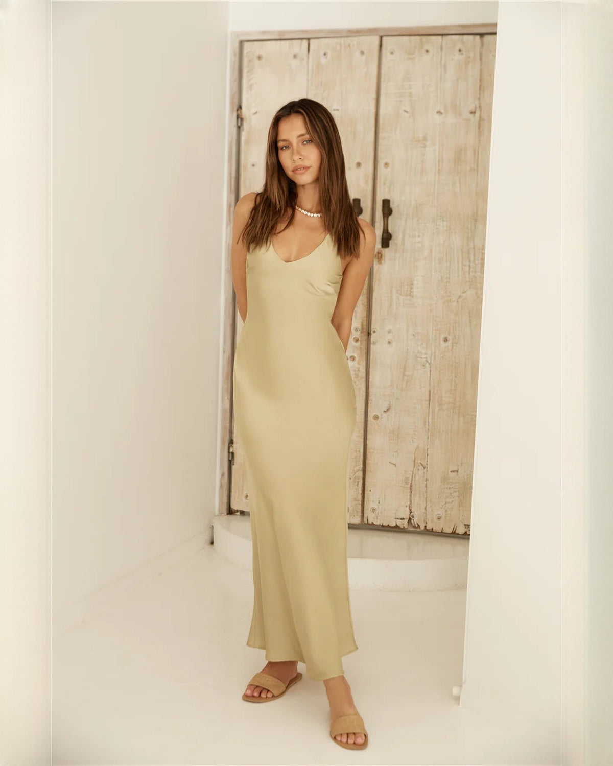 Light olive satin A-line maxi dress, V-neck with thin spaghetti straps