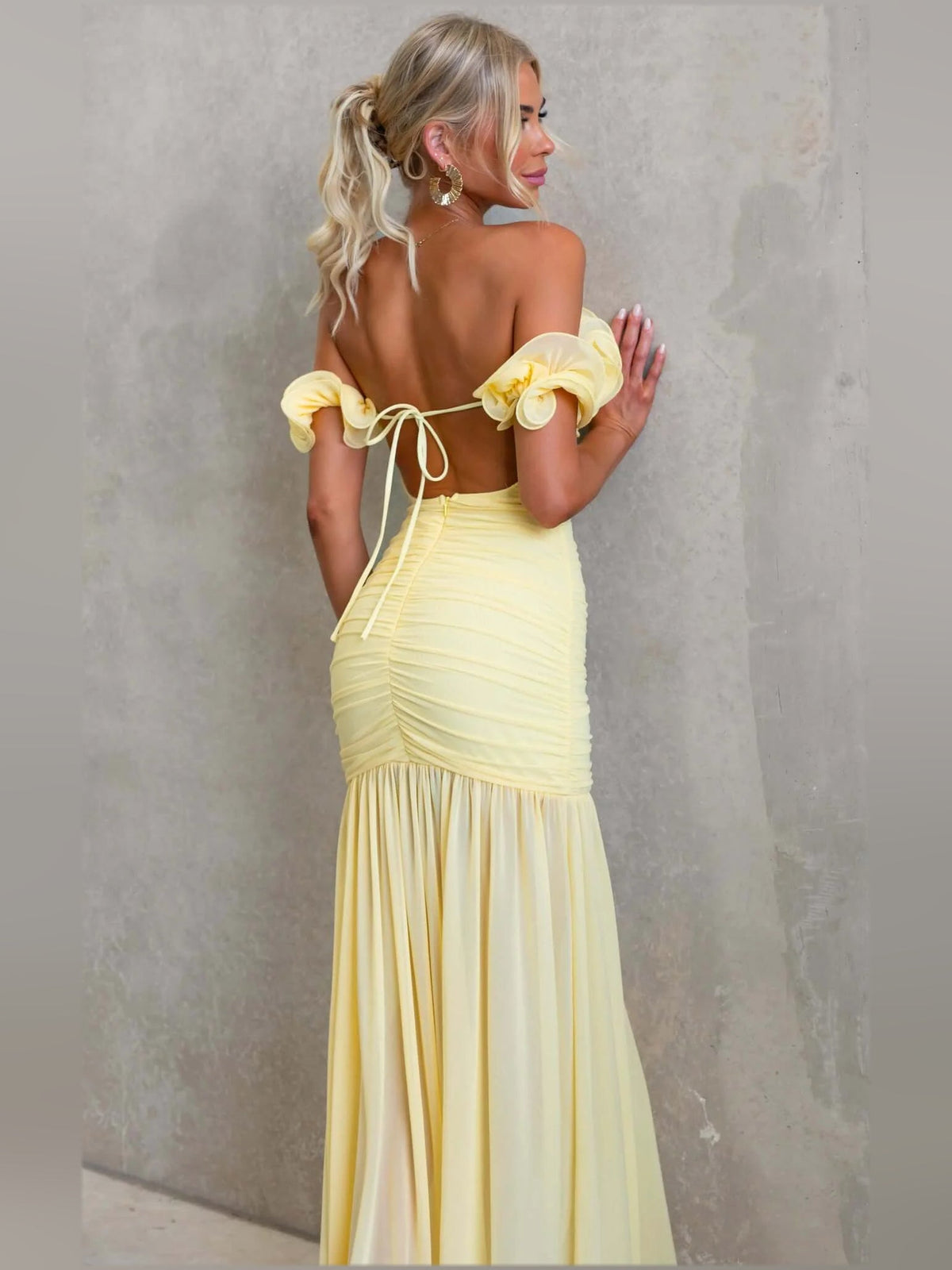 Butter Yellow fit-and-flare maxi formal dress with ruffle details, full-length back view