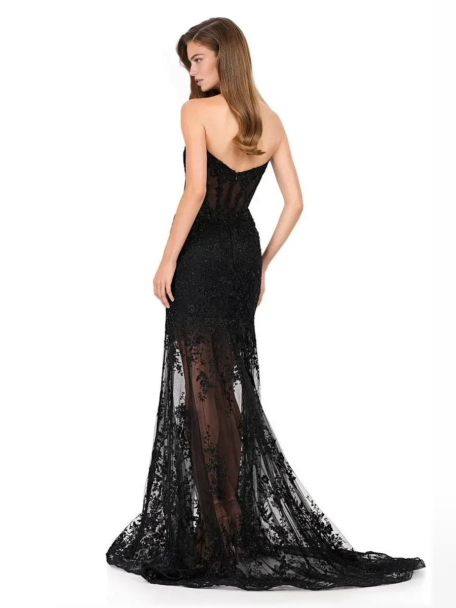 Black strapless tulle corset mermaid formal dress with appliqué and long sheer train