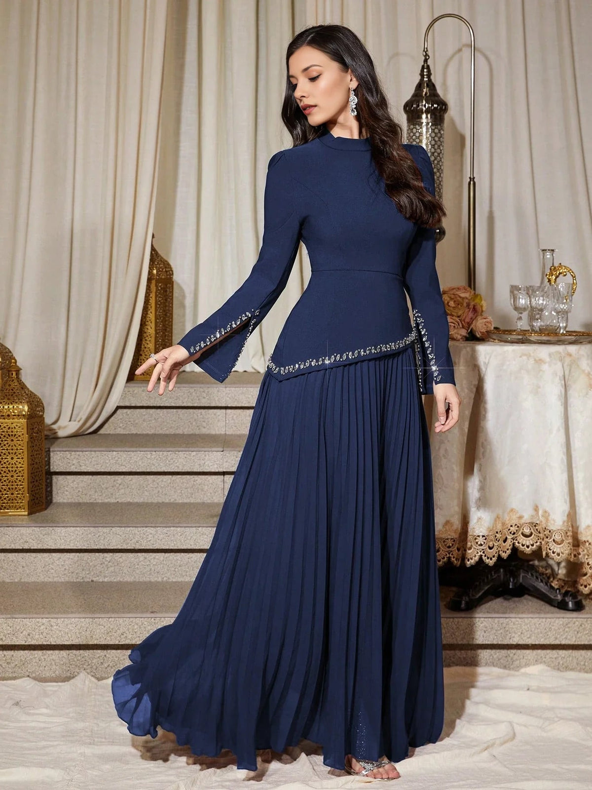Navy long-sleeve high-neck pleated maxi dress, A-line skirt
