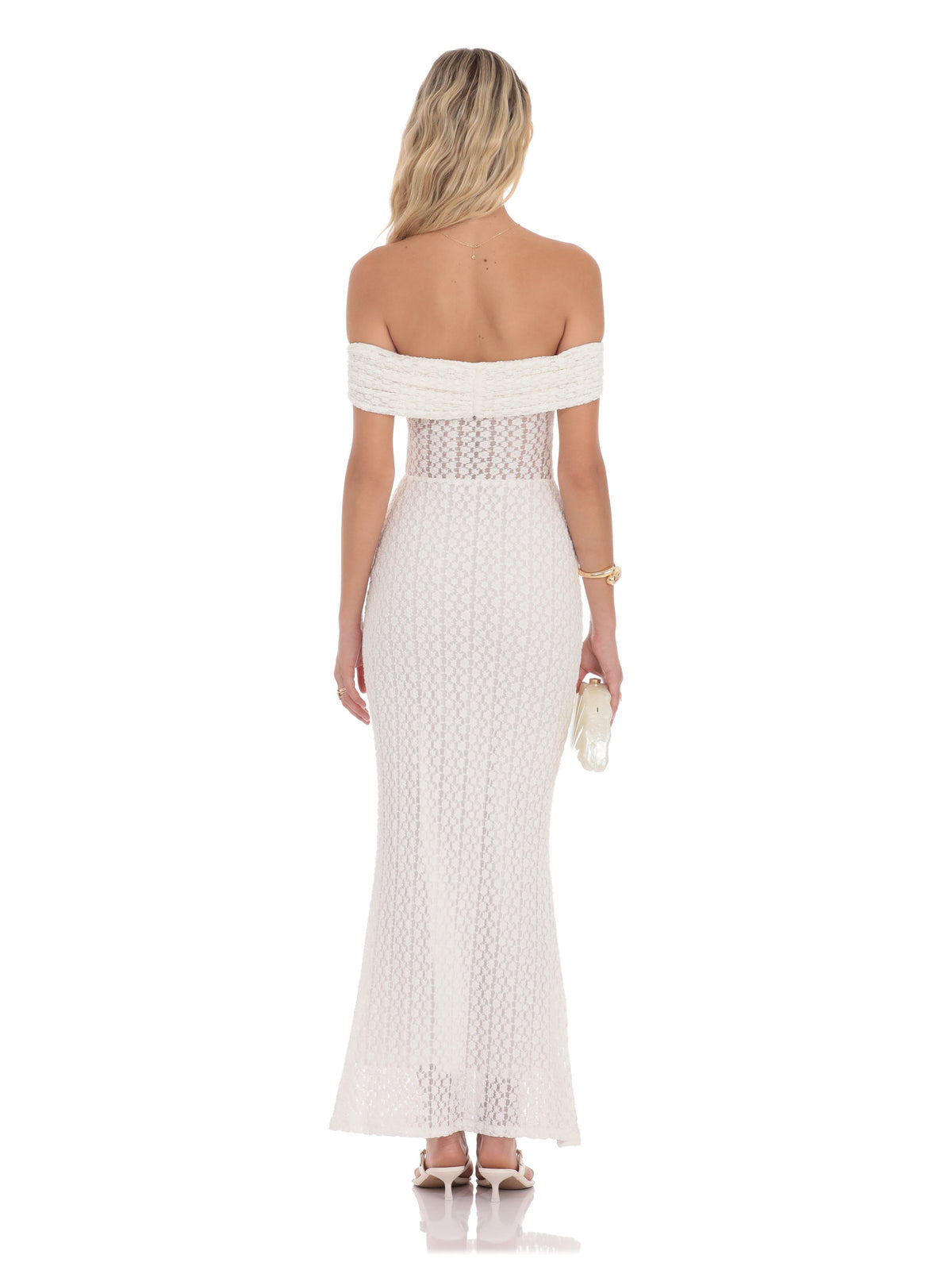 White bridesmaid dress with off shoulder neckline