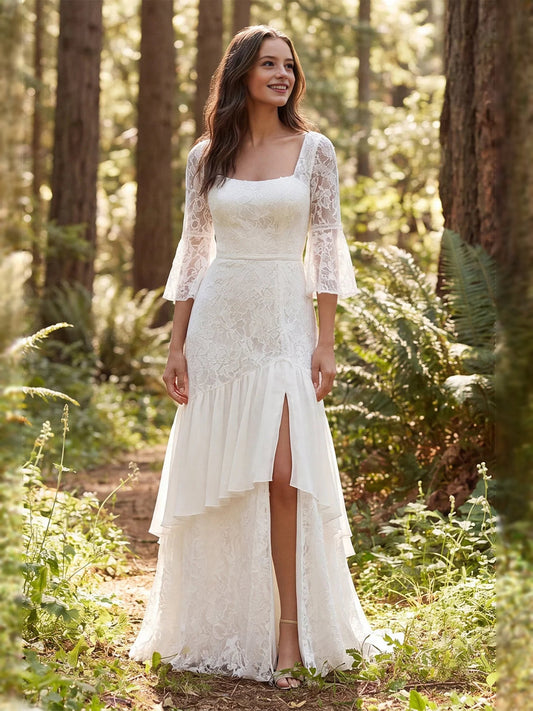 Ivory lace wedding dress with square neckline, three-quarter lace sleeves, front slit