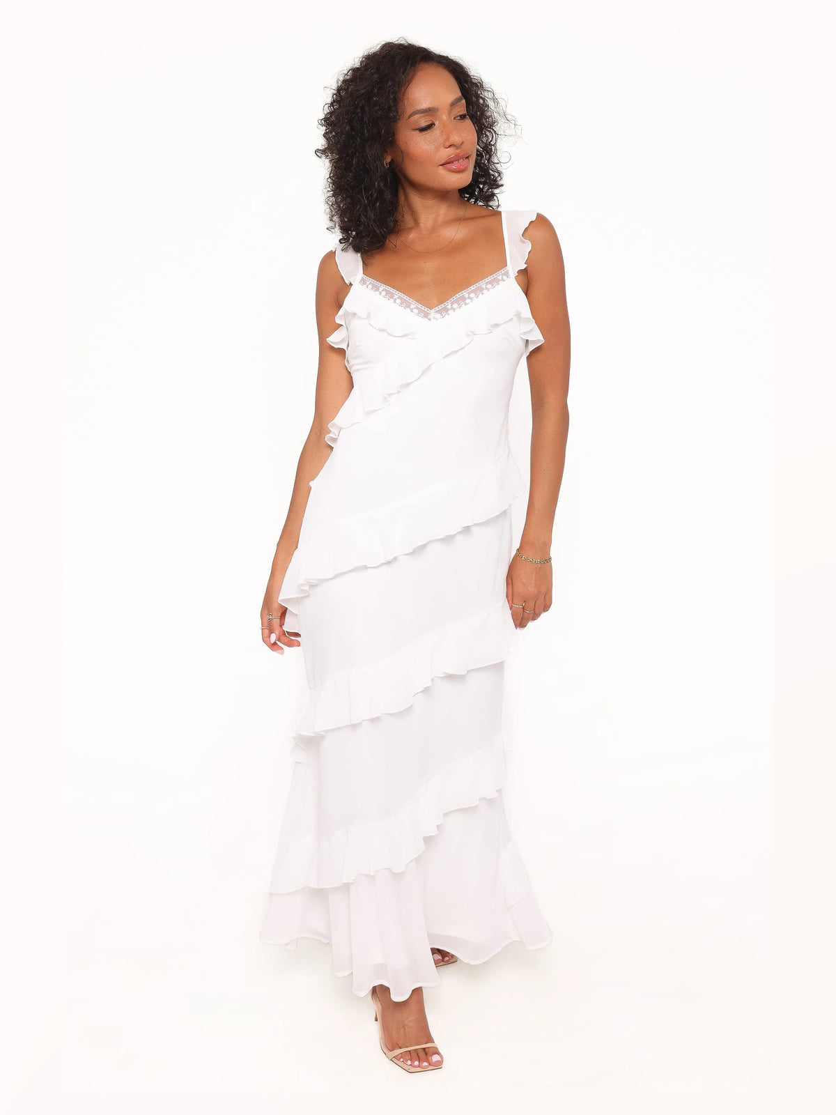 White formal dress with a-line silhouette