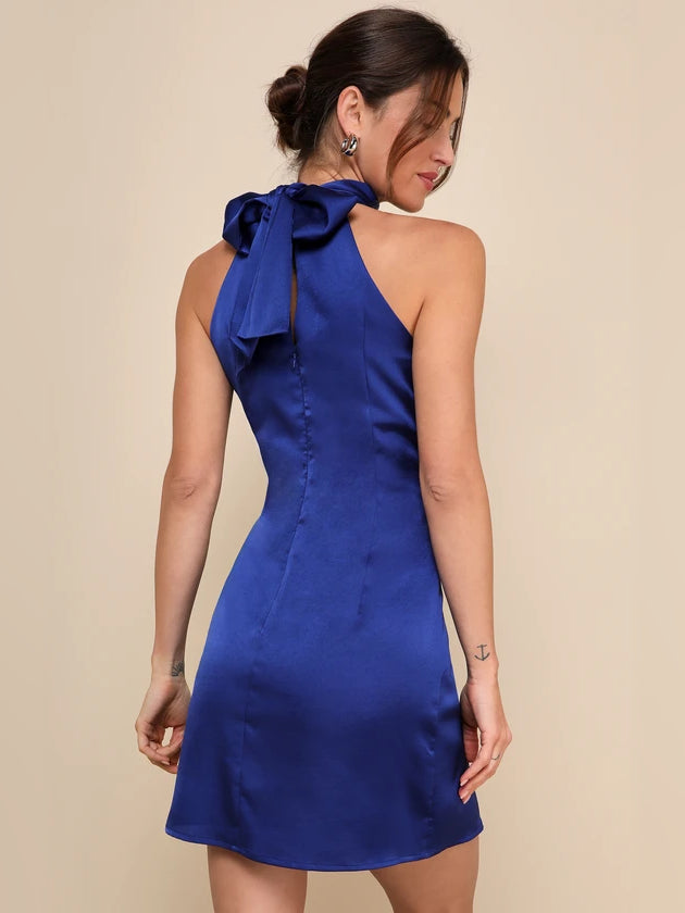 Royal blue satin halter mini dress, open back with tied bow detail