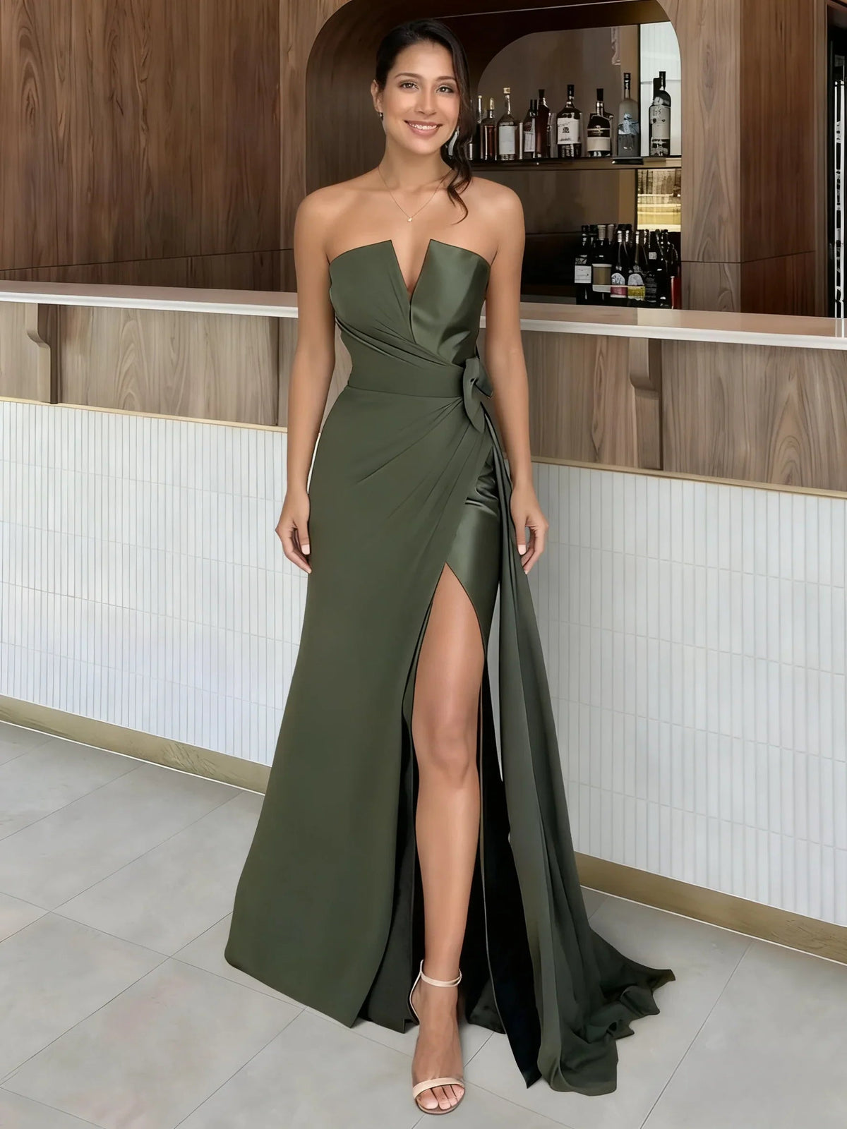 Olive green halter neck sheath formal dress with high slit, floor-length and draped sleeves