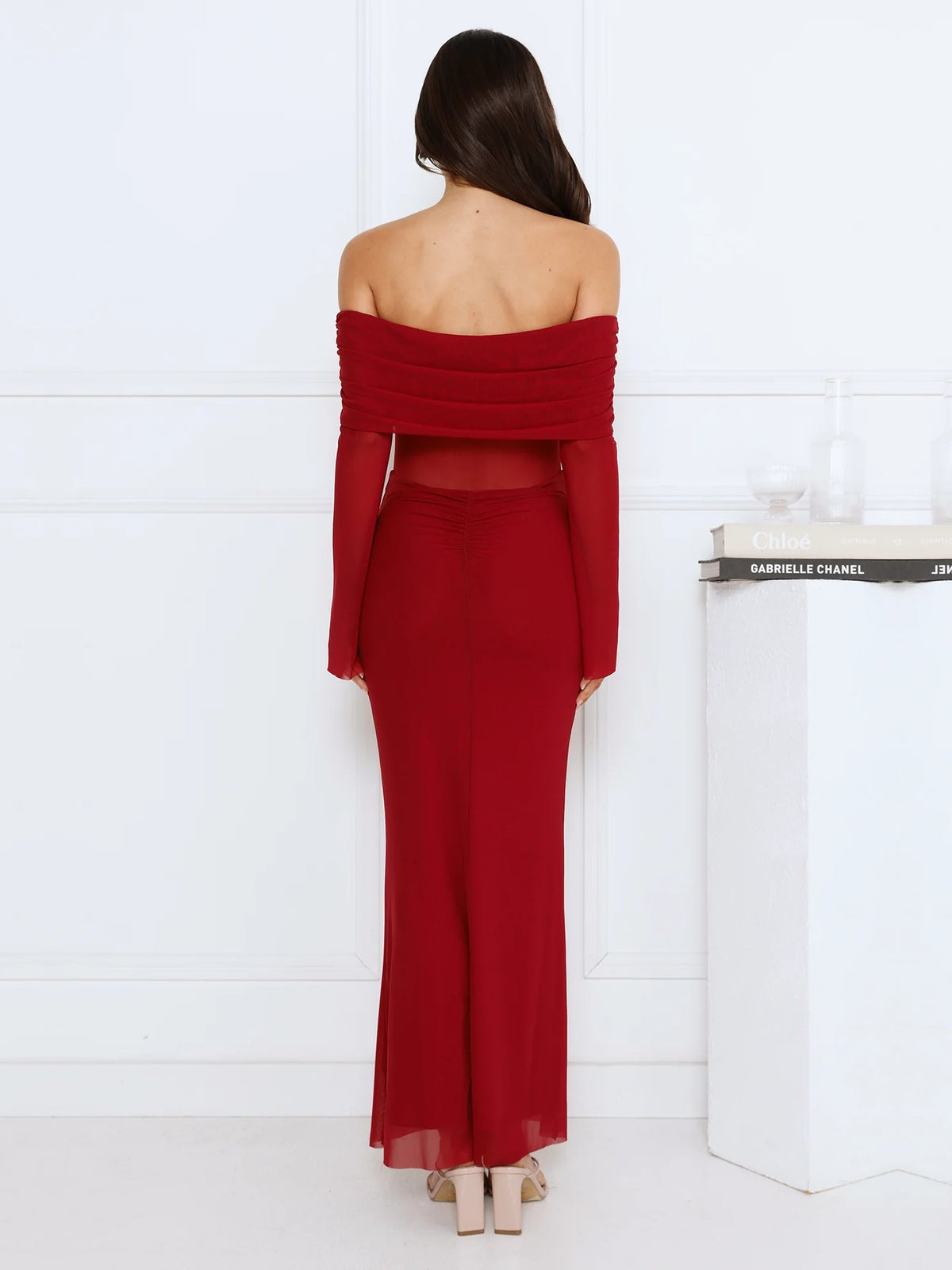 Burgundy sheath maxi formal dress with sheath, full-length back view