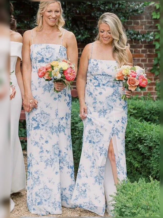 Light blue floral sleeveless gown with straight neckline and front side slit, floor length.