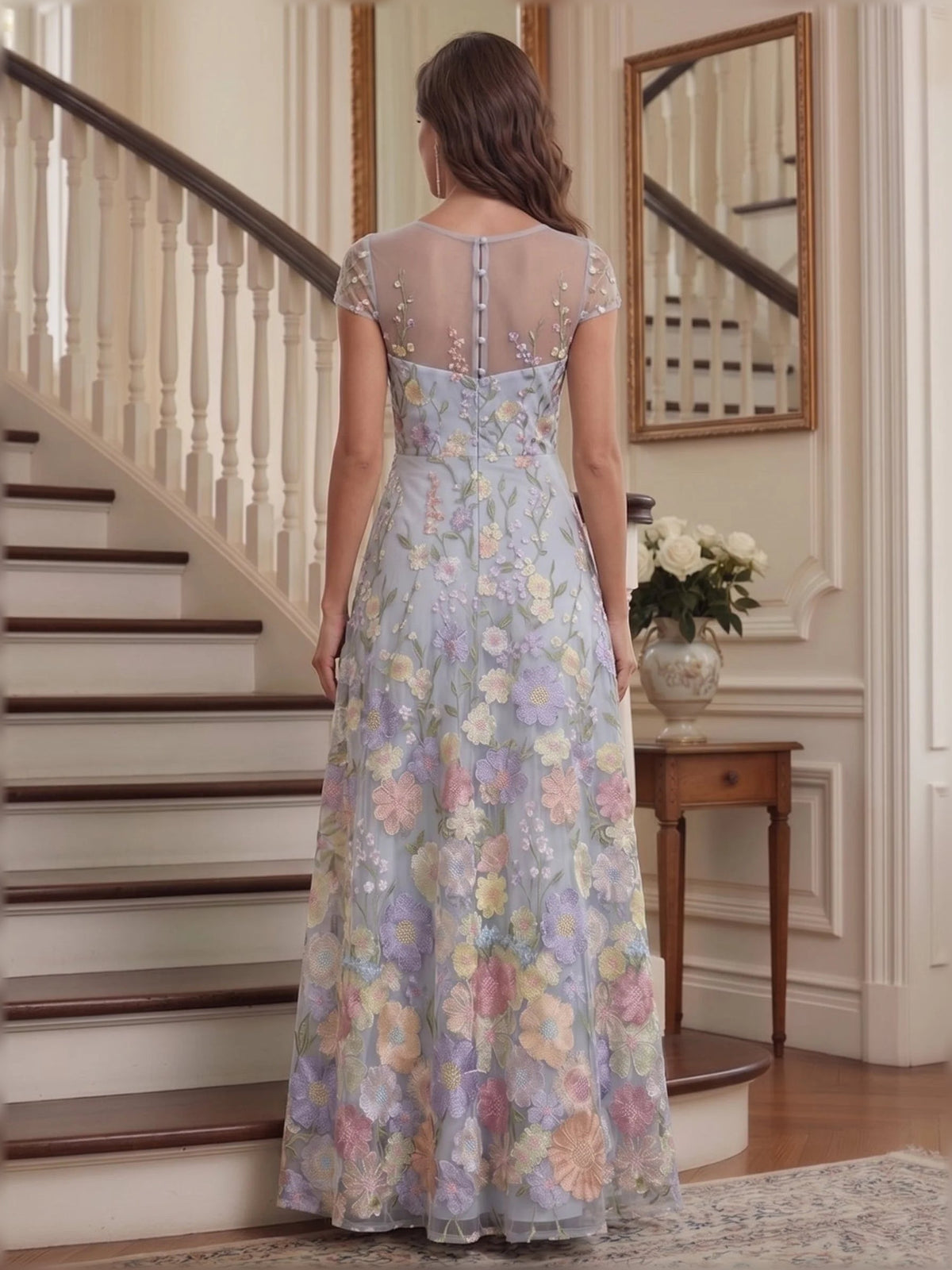 Dusty blue embroidered floral cap-sleeve A-line tulle floor-length dress, open back detail