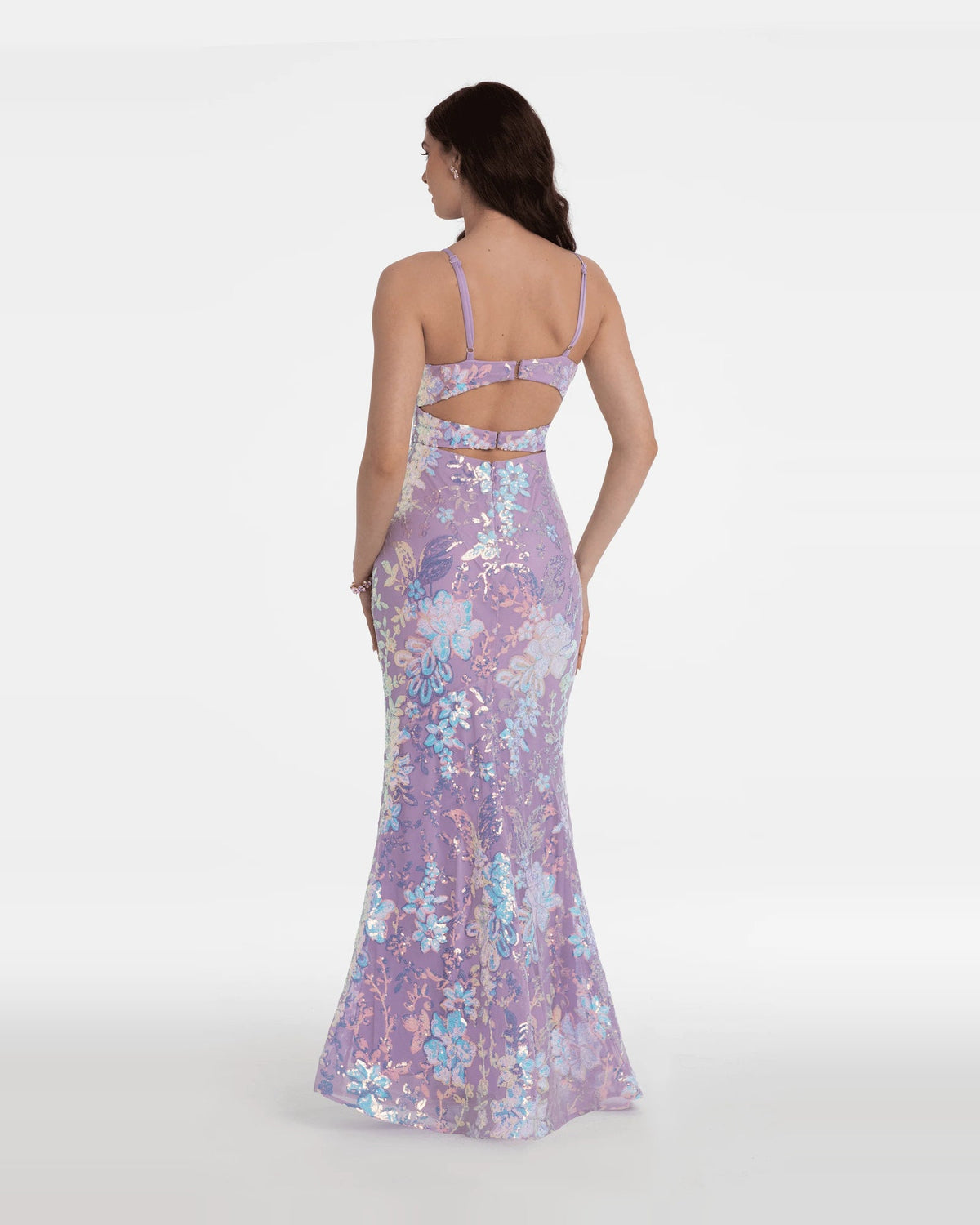 Purple sequin mermaid maxi prom dress, back view, thin straps, floral sequin detail