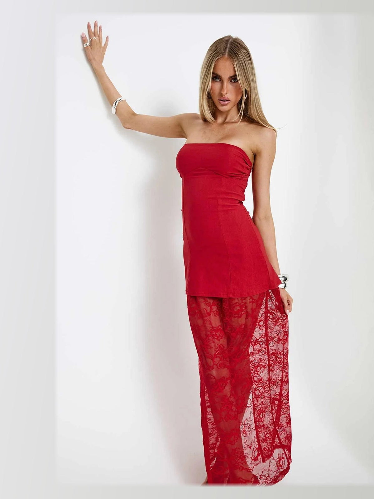 Red formal dress with strapless neckline