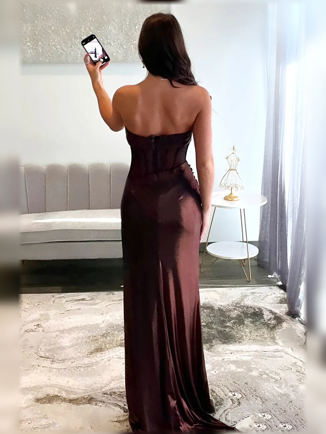 Espresso strapless corset satin formal dress with open back and ruching, floor-length