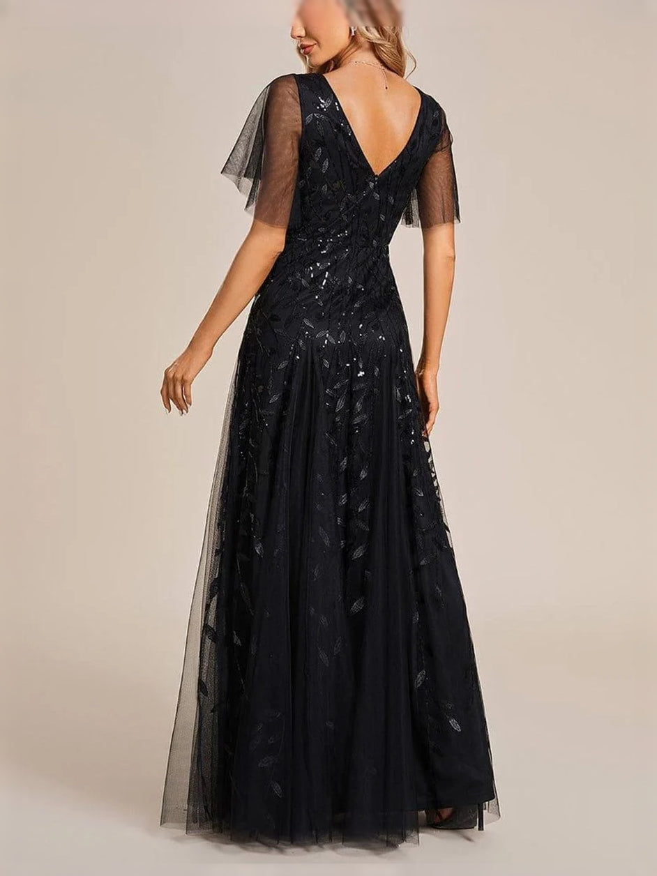 Black V-neck A-line tulle evening dress with embroidered bodice and short sheer sleeves