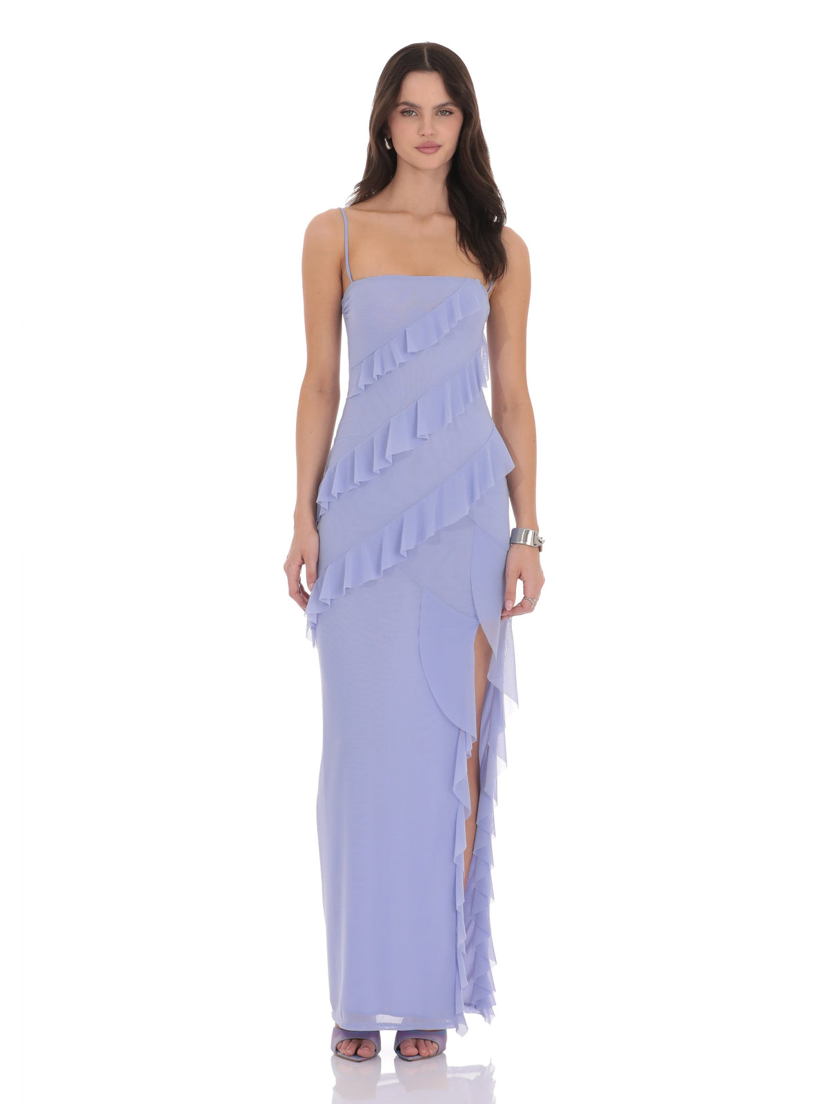 Periwinkle bridesmaid dress with square neck neckline
