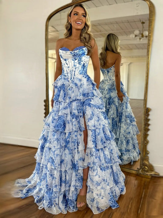 Blue floral strapless A-line chiffon prom dress with tiered ruffle skirt and sweetheart bodice