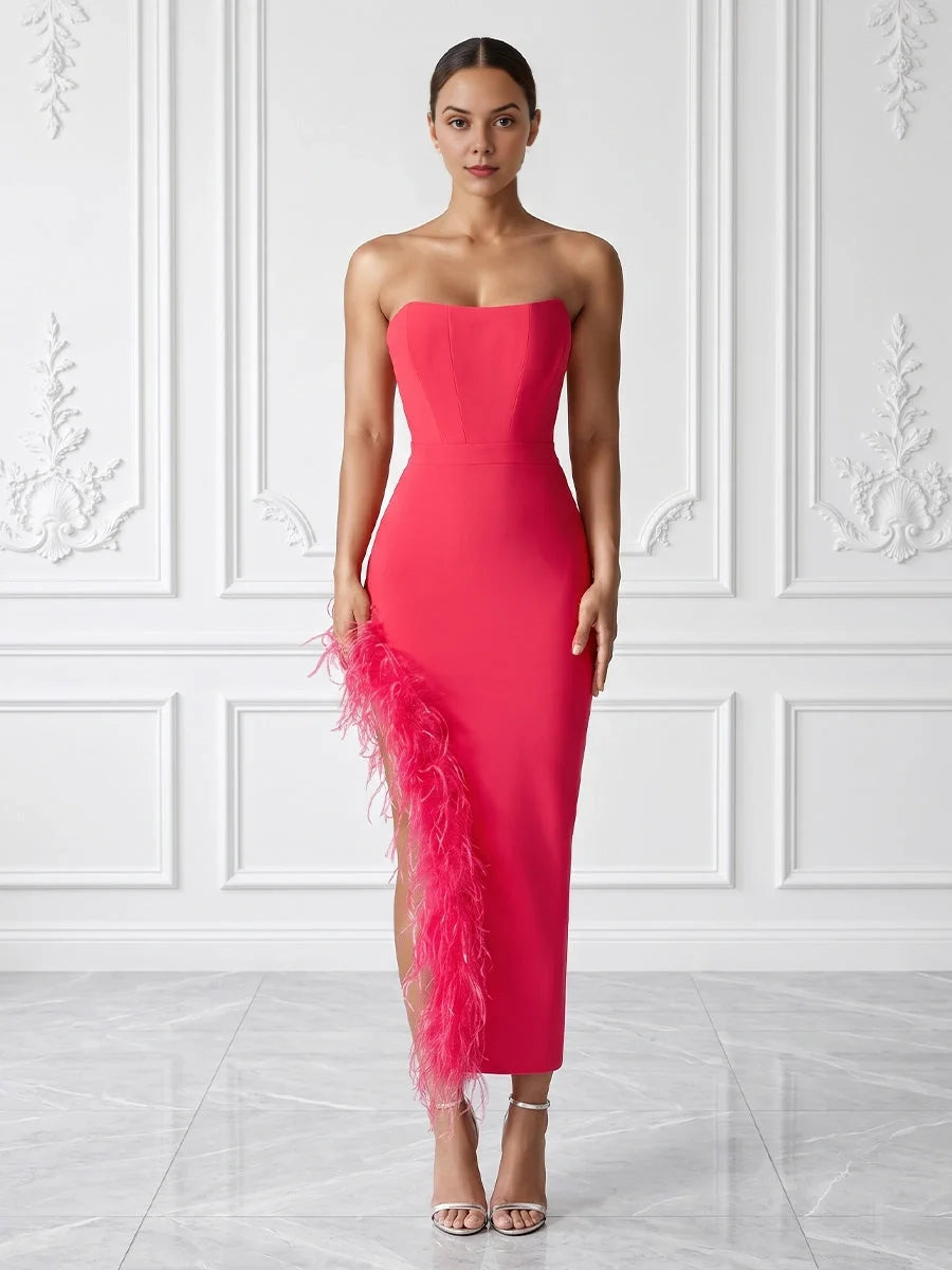 Hot pink strapless corset midi prom dress with feather side panel and slit