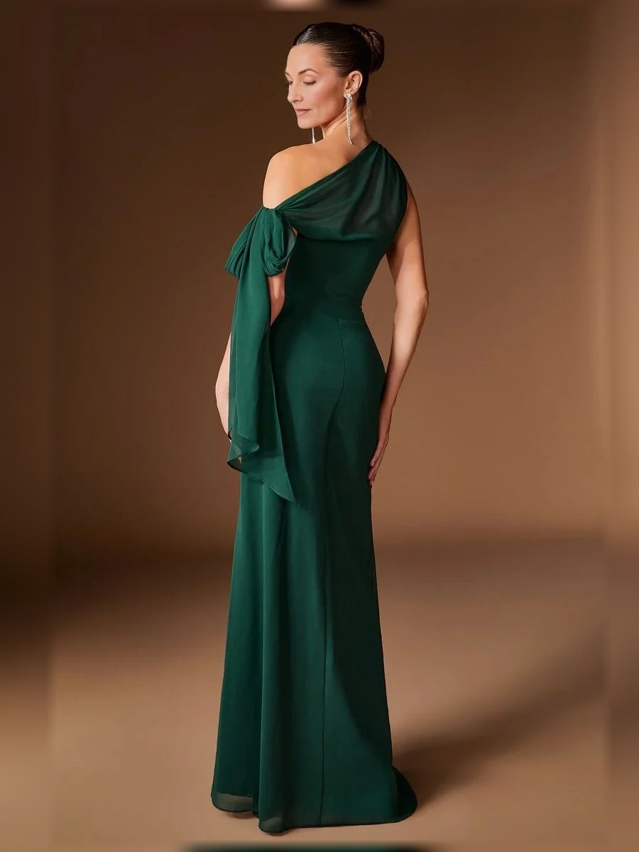 Emerald green one-shoulder long gown with side drape bow and fitted mermaid silhouette