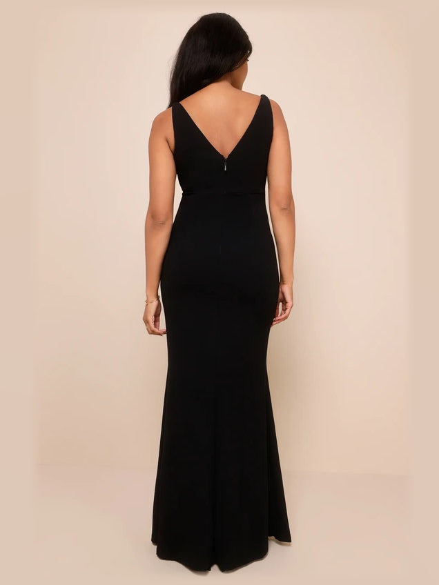 Black maxi formal dress, back full-length view showing the bodice