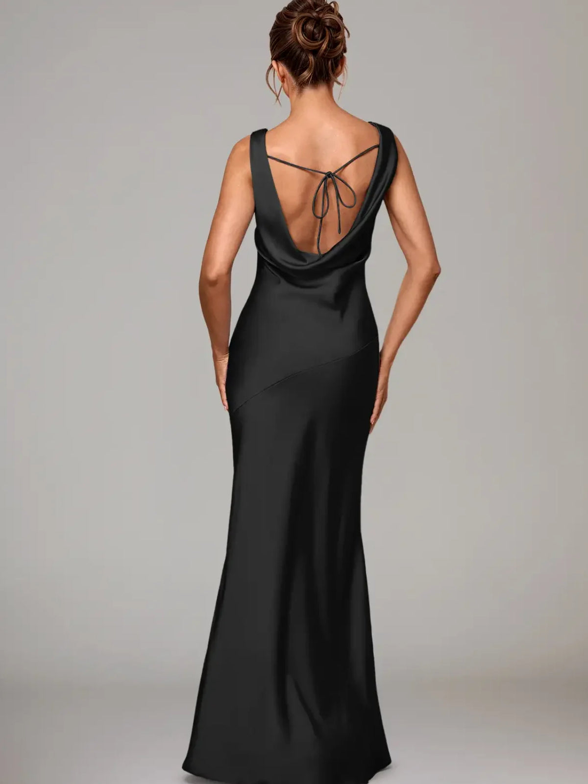 Back view of black satin floor-length bridesmaid dress with crisscross straps