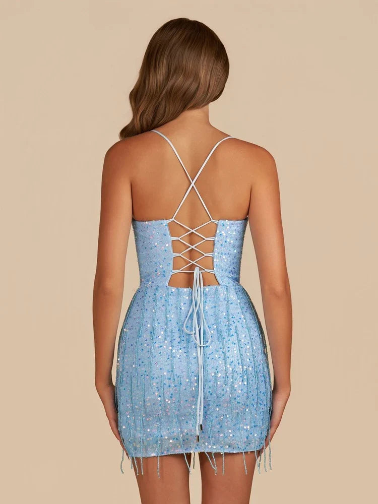 Light blue sequin mini dress with crisscross open back and tie straps
