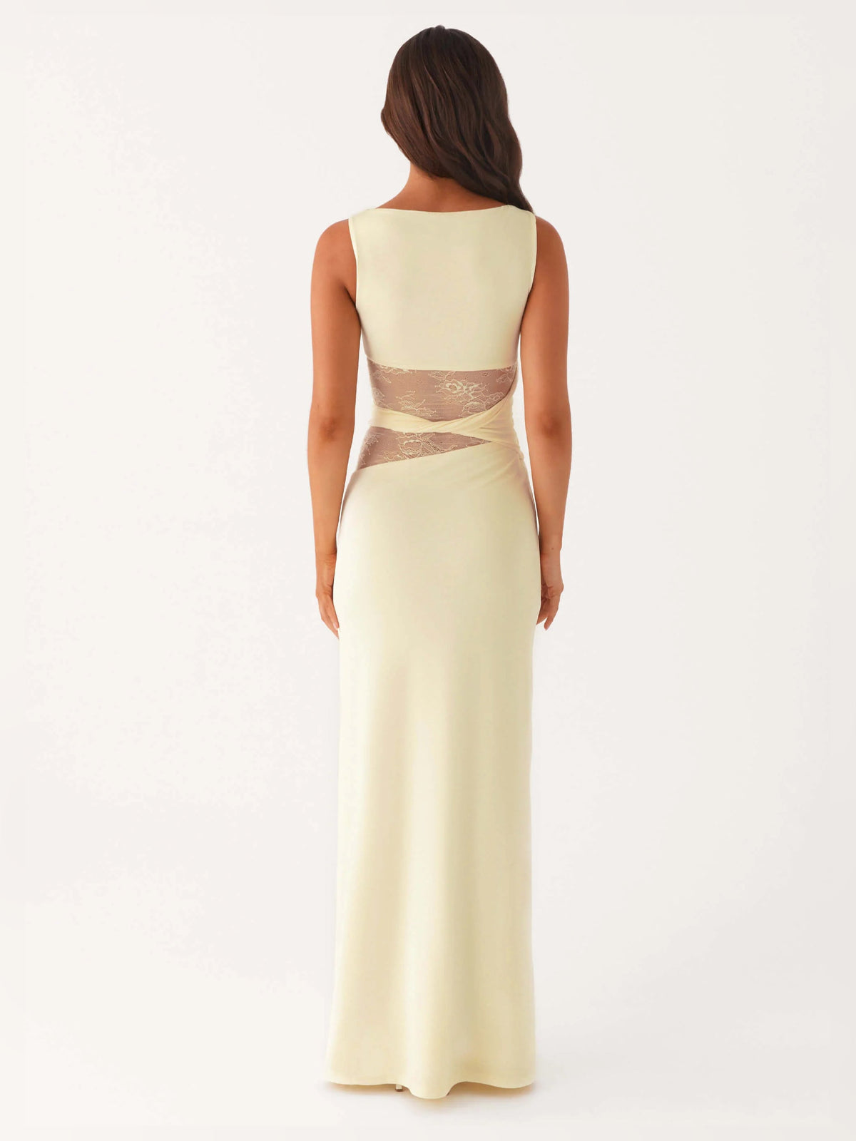 Yellow sheath maxi formal dress with cutout detail, full-length back view