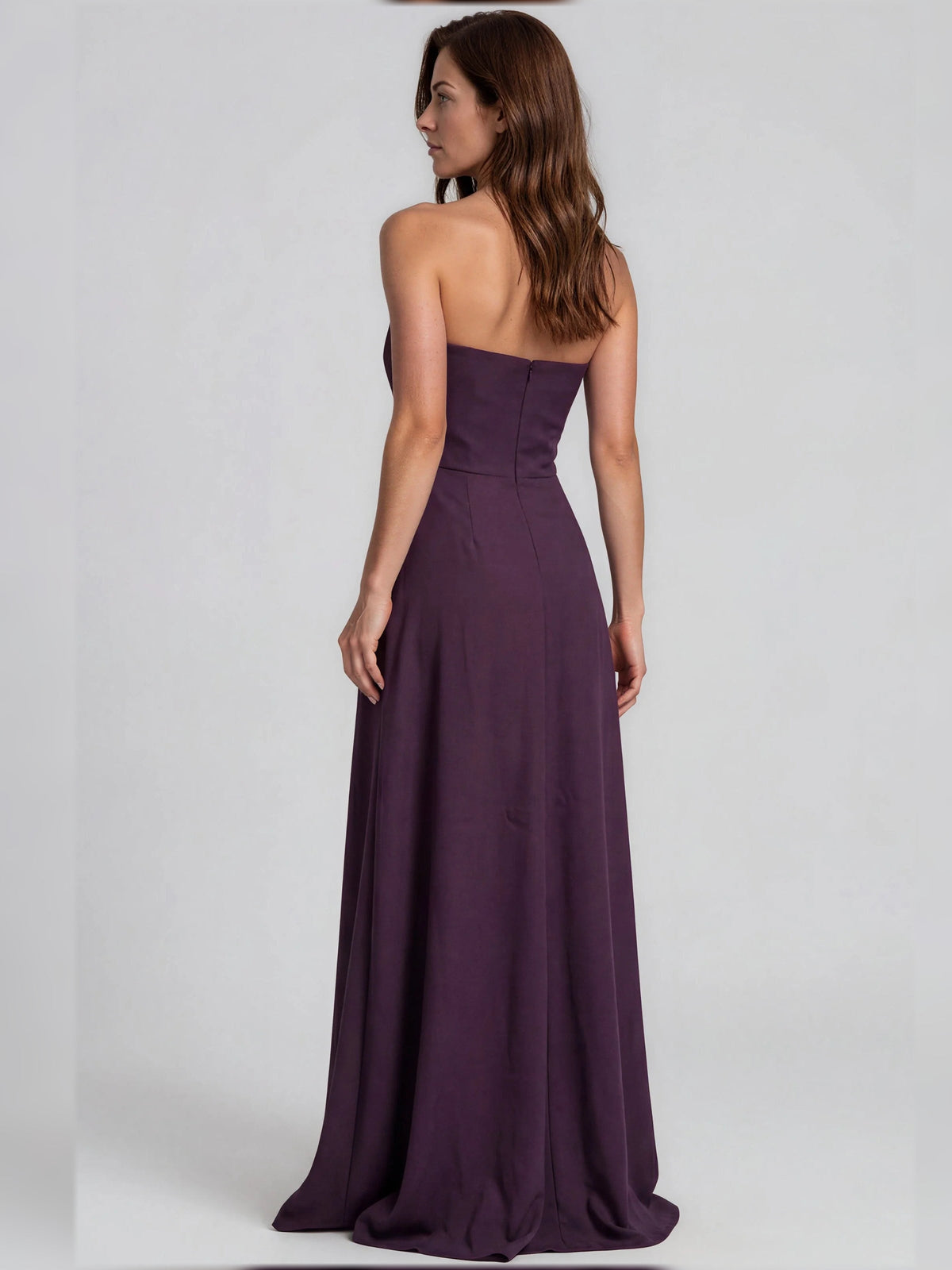 Dusty plum strapless A-line floor-length dress, side view