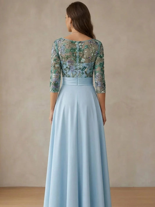 Back view of sky blue satin A-line midi dress with cowl neck and beaded floral embroidery