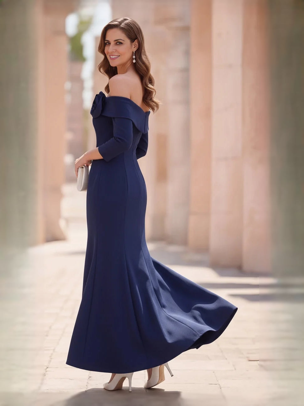 Dark blue off-shoulder mermaid maxi gown with ruffled neckline and flared skirt